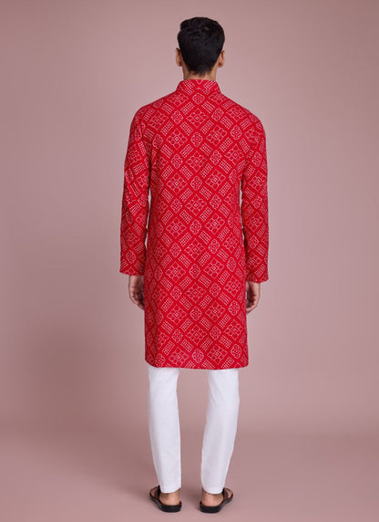 Red Kurta Pajama With Bandhani Print