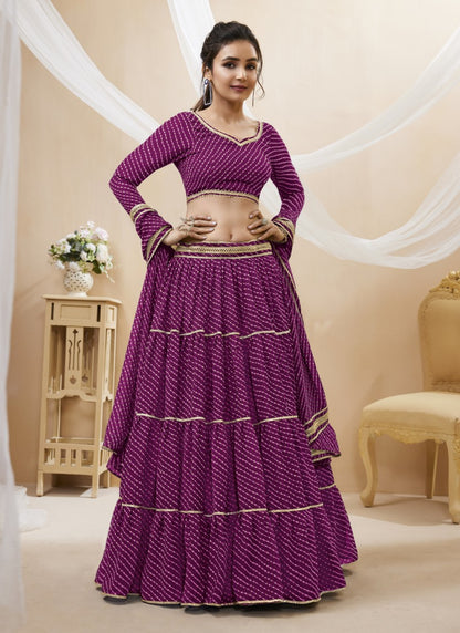 Purple Georgette Leheriya Chaniya Choli With Lace Work