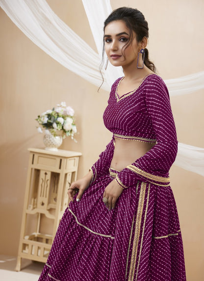 Purple Georgette Leheriya Chaniya Choli With Lace Work