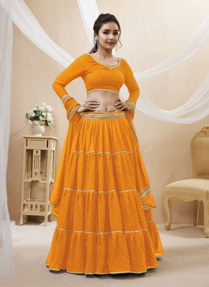 Yellow Georgette Leheriya Chaniya Choli With Lace Work