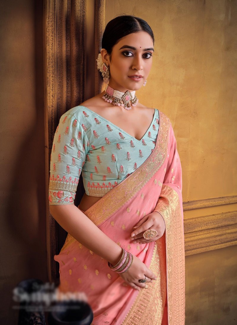 Peach Silk Saree With Heavy Embroidered Blouse-2