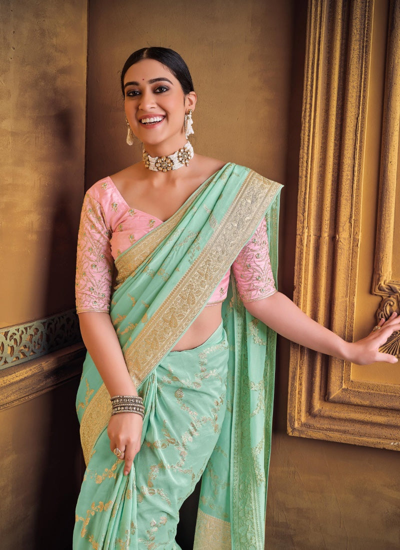 Aqua Silk Saree With Heavy Embroidered Blouse-2