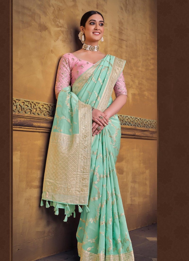 Aqua Silk Saree With Heavy Embroidered Blouse-2