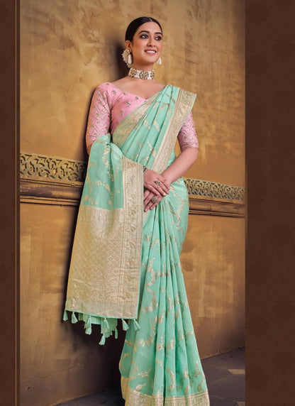 Aqua Silk Saree With Heavy Embroidered Blouse-2