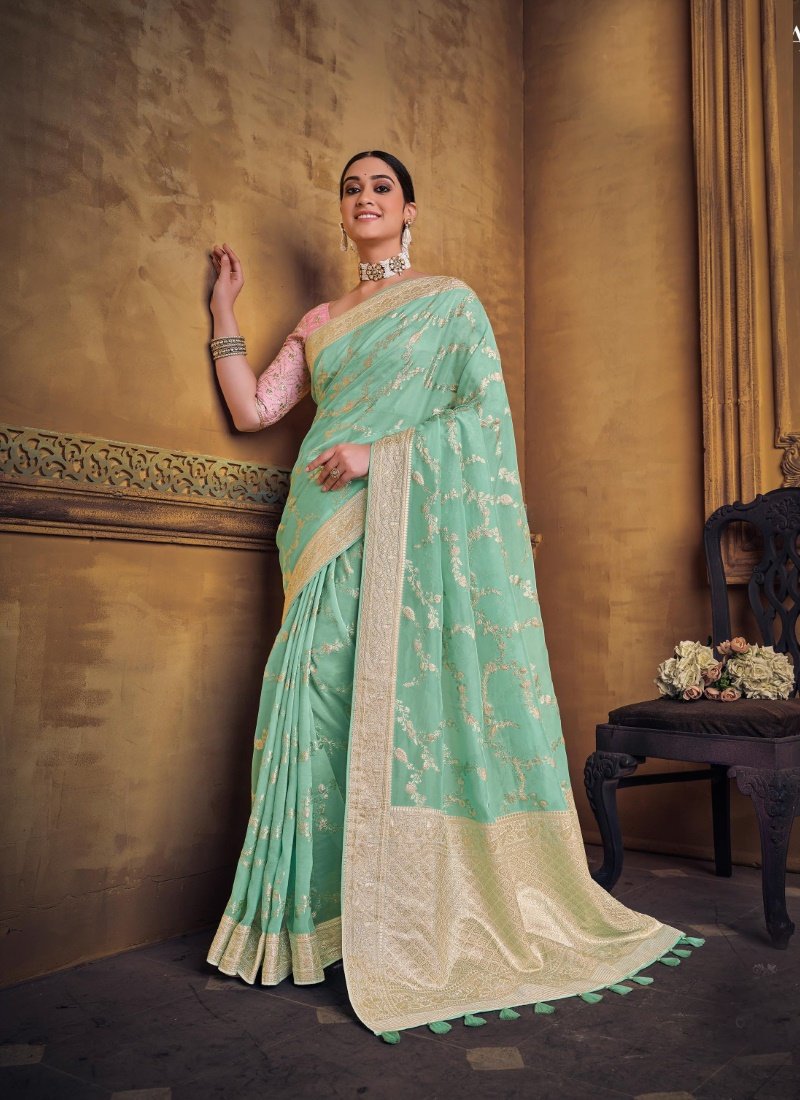 Aqua Silk Saree With Heavy Embroidered Blouse