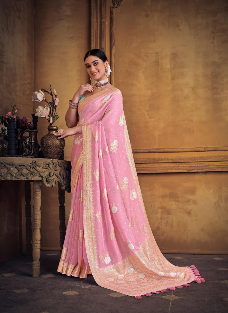 Pink Silk Saree With Heavy Embroidered Blouse