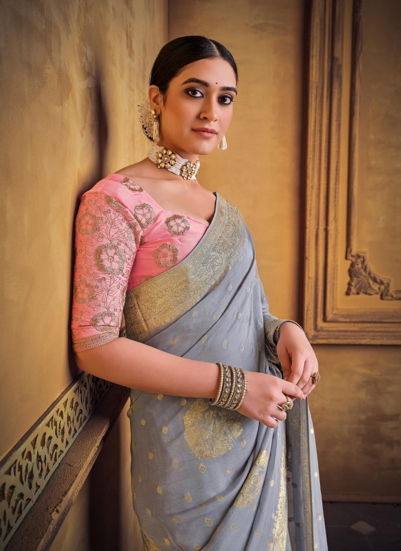 Gray Silk Saree With Heavy Embroidered Blouse-2