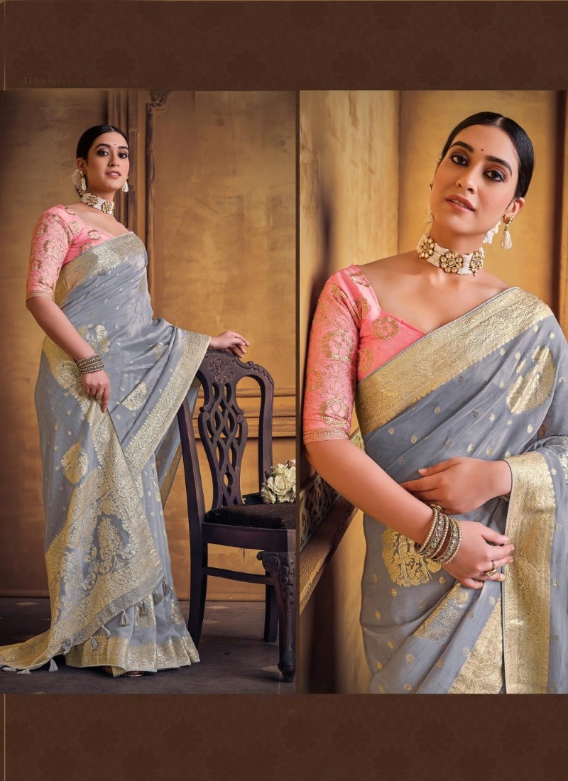 Gray Silk Saree With Heavy Embroidered Blouse-2