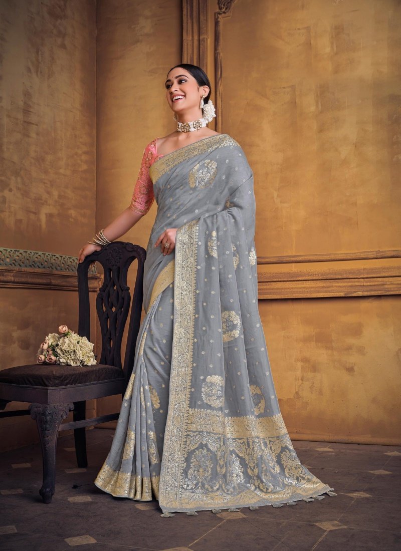 Gray Silk Saree With Heavy Embroidered Blouse