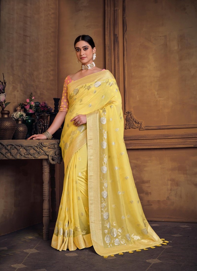 Yellow Silk Saree With Heavy Embroidered Blouse