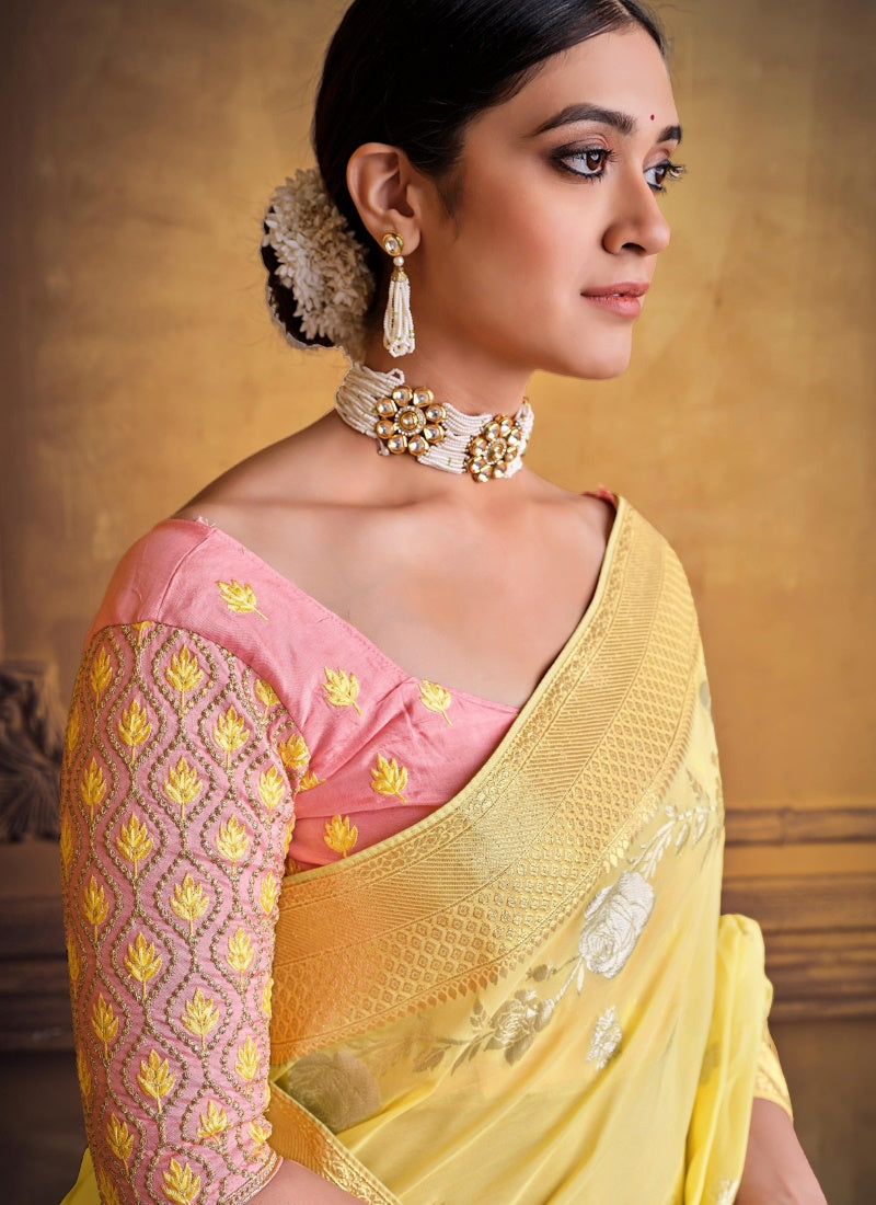 Yellow Silk Saree With Heavy Embroidered Blouse-2