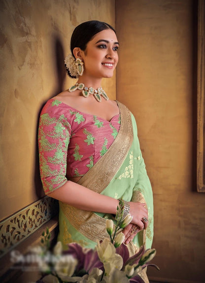 Green Silk Saree With Heavy Embroidered Blouse-2