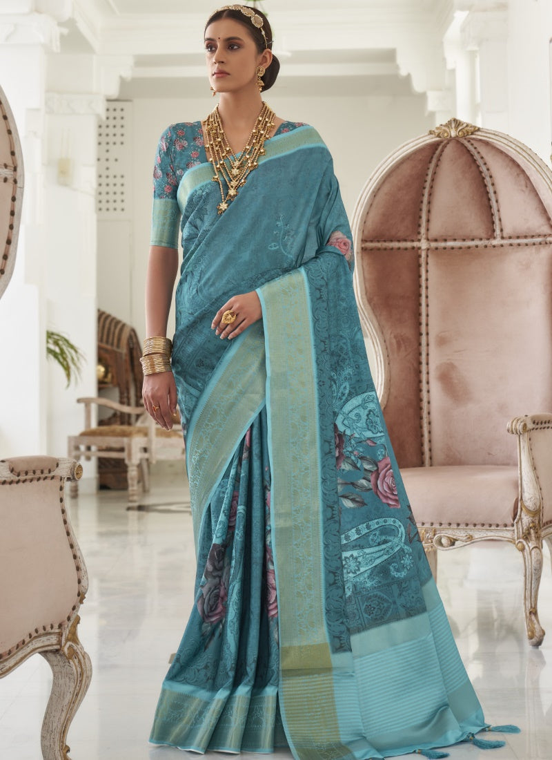 Teal Blue Silk Digital Floral Printed Saree