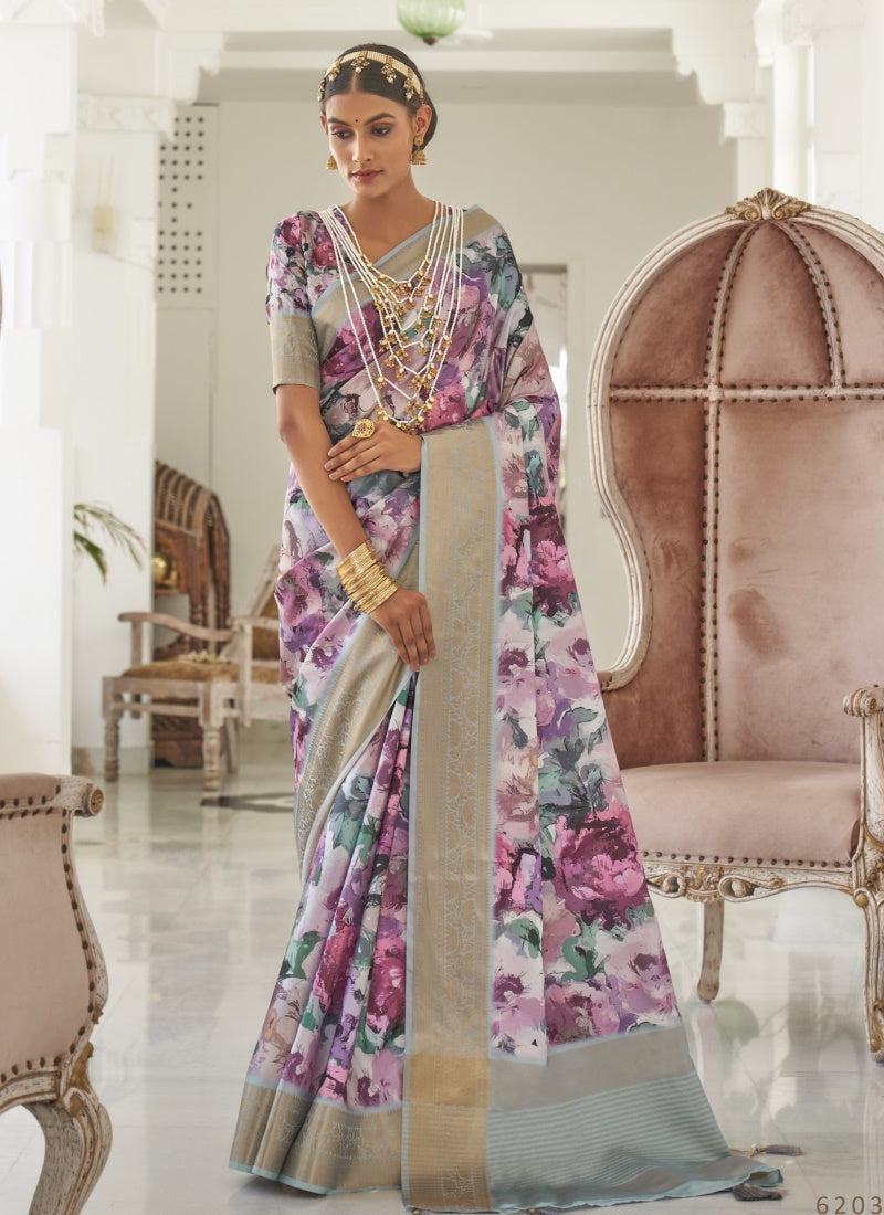 Off White Silk Digital Floral Printed Saree