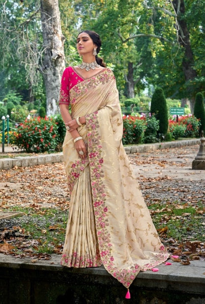 Cream Silk Embroidered Saree-2