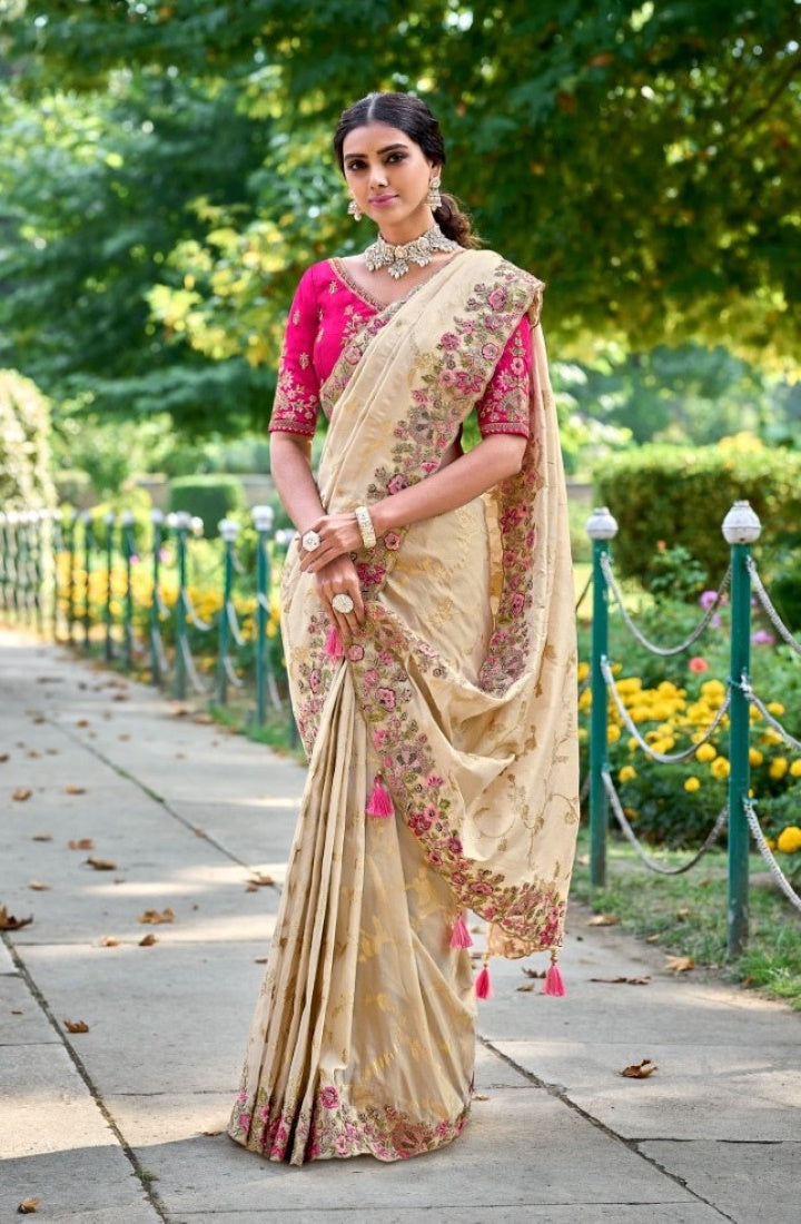 Cream Silk Embroidered Saree