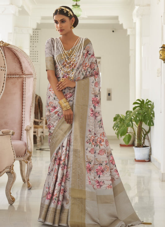 Off White Silk Digital Floral Printed Saree