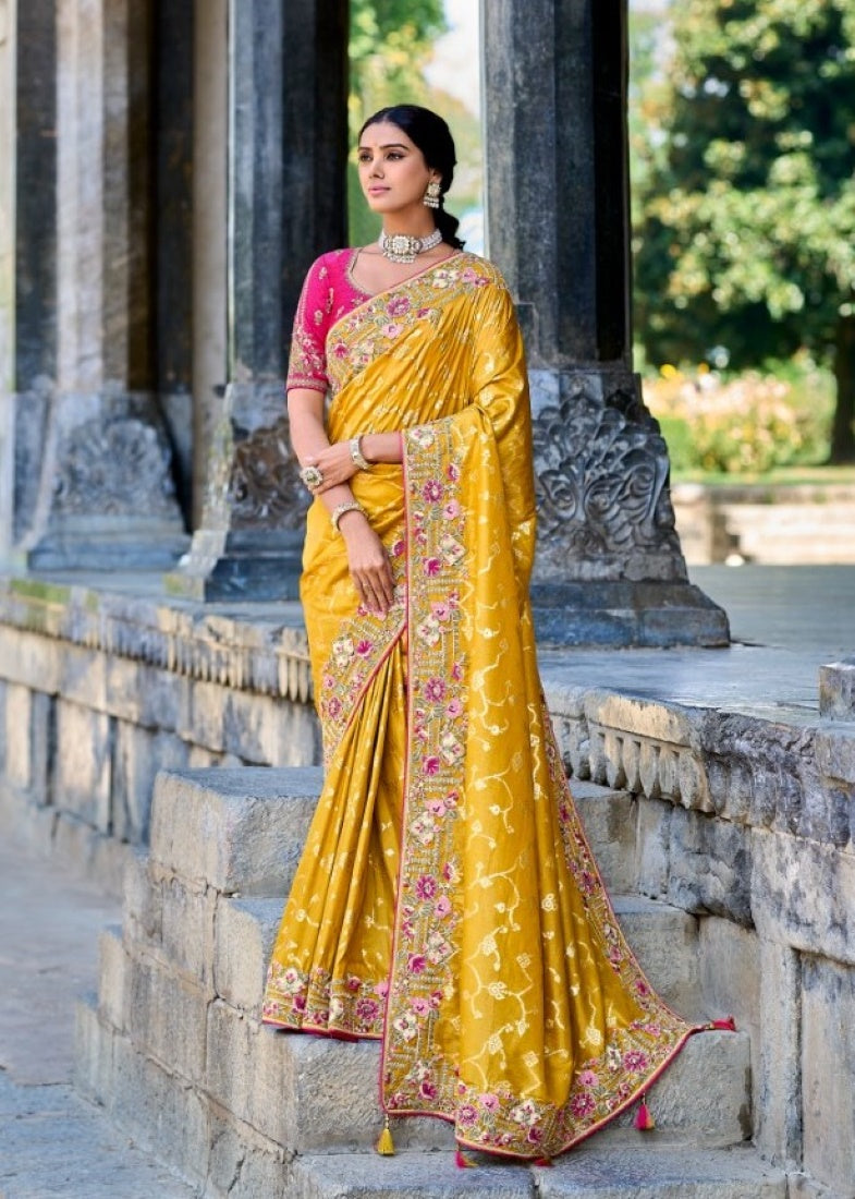 Yellow Silk Embroidered Saree