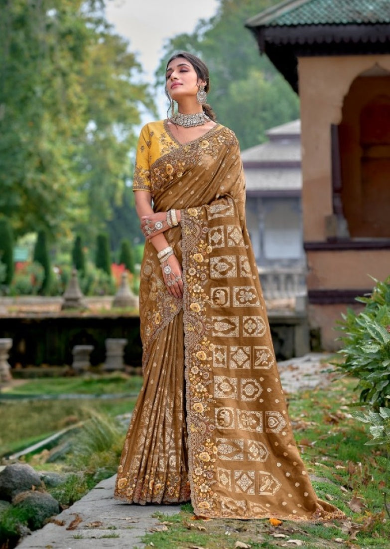 Brown Silk Embroidered Saree