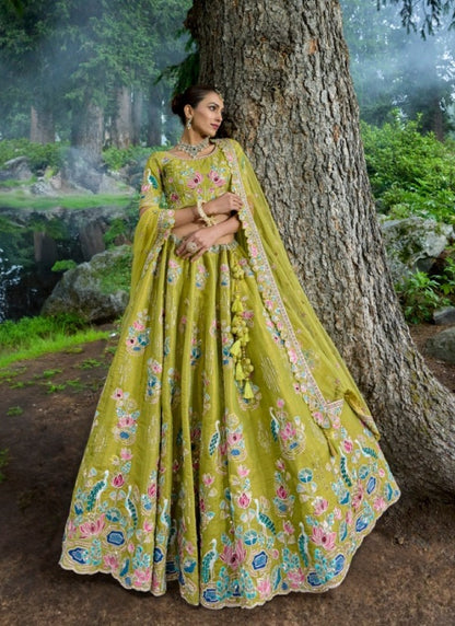 Pista Green Viscose Engagement Lehenga Choli with Heavy Embroidery Work