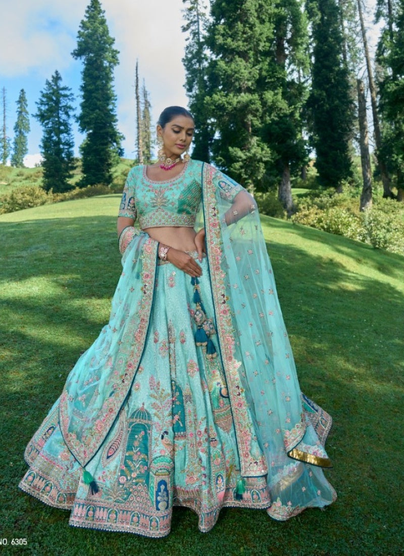 Aqua Blue Viscose Engagement Lehenga Choli with Heavy Embroidery Work