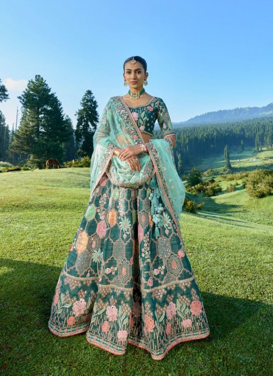 Green Viscose Engagement Lehenga Choli with Heavy Embroidery Work