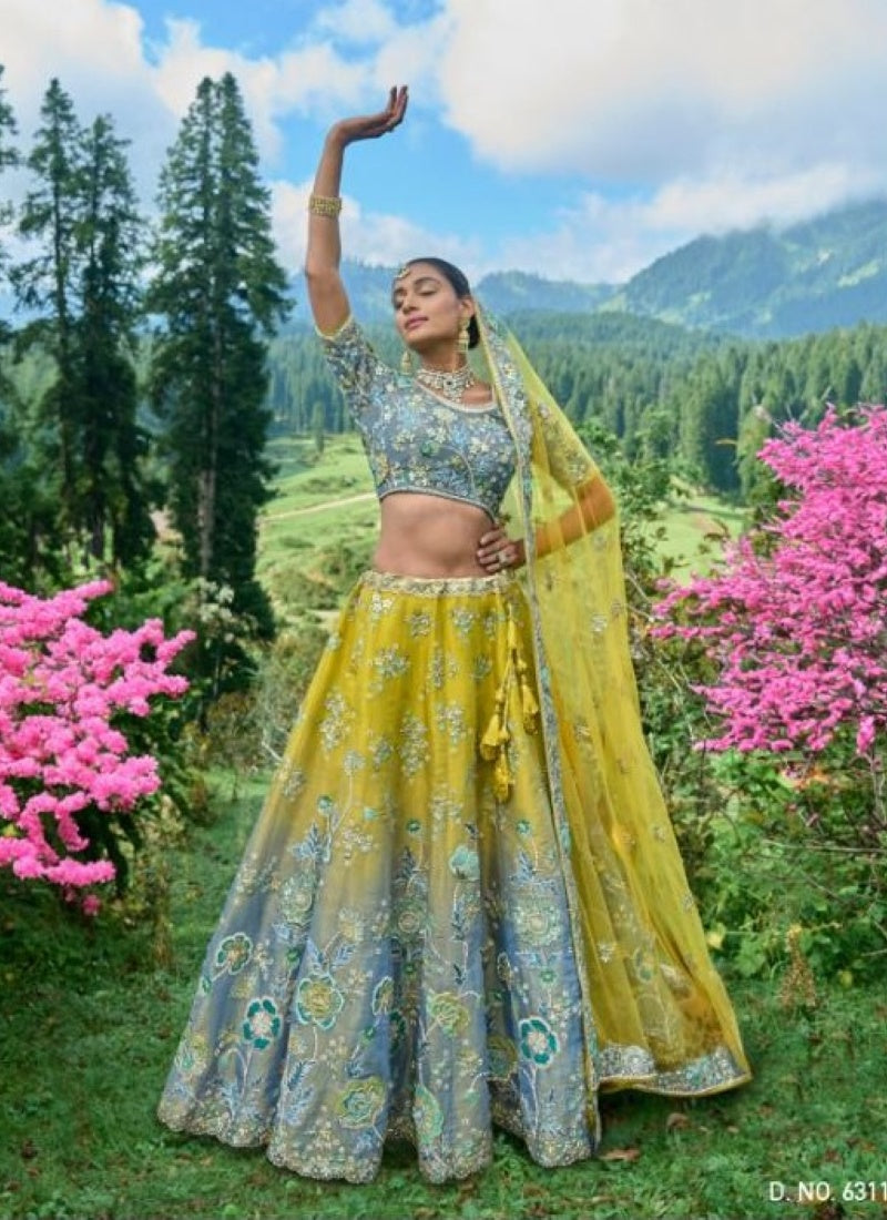 Yellow Viscose Engagement Lehenga Choli with Heavy Embroidery Work