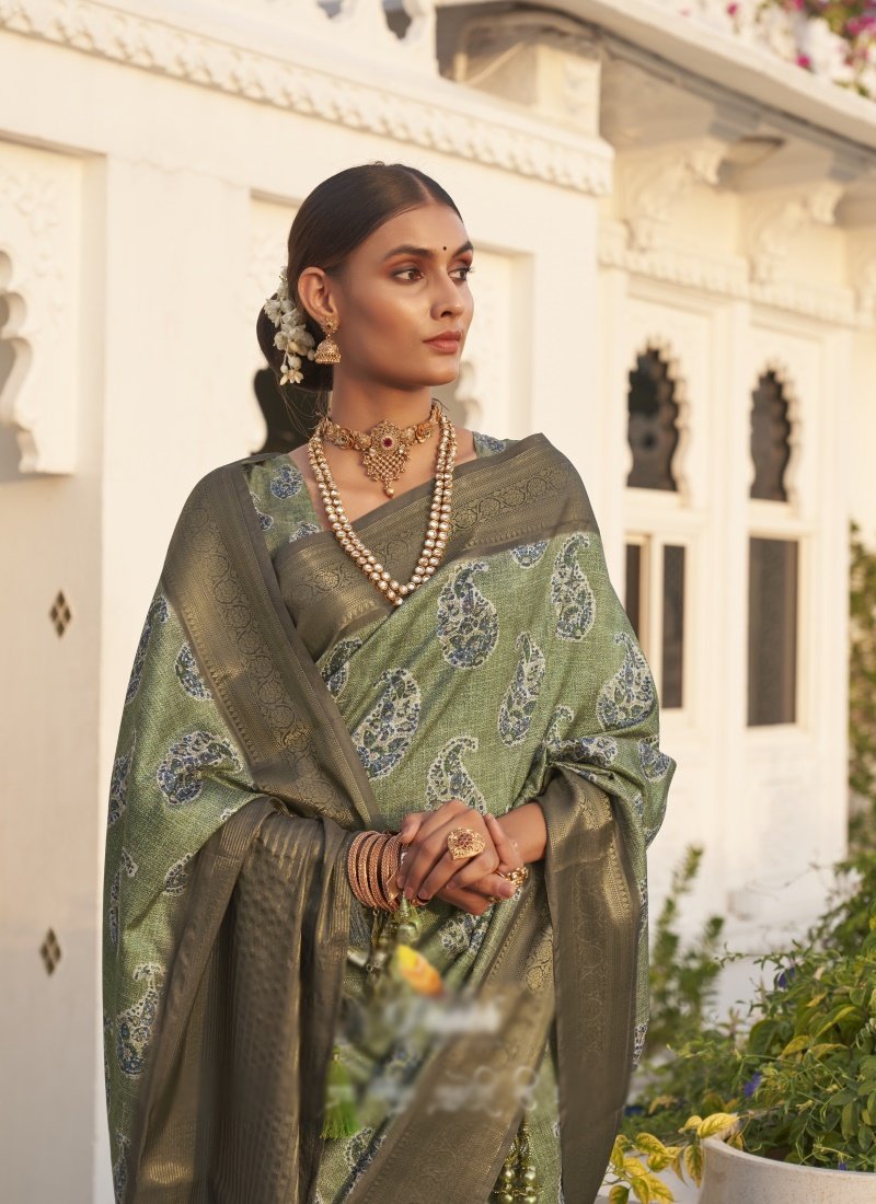 Pista Green Silk Digital Printed Saree-2