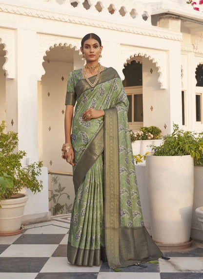 Pista Green Silk Digital Printed Saree