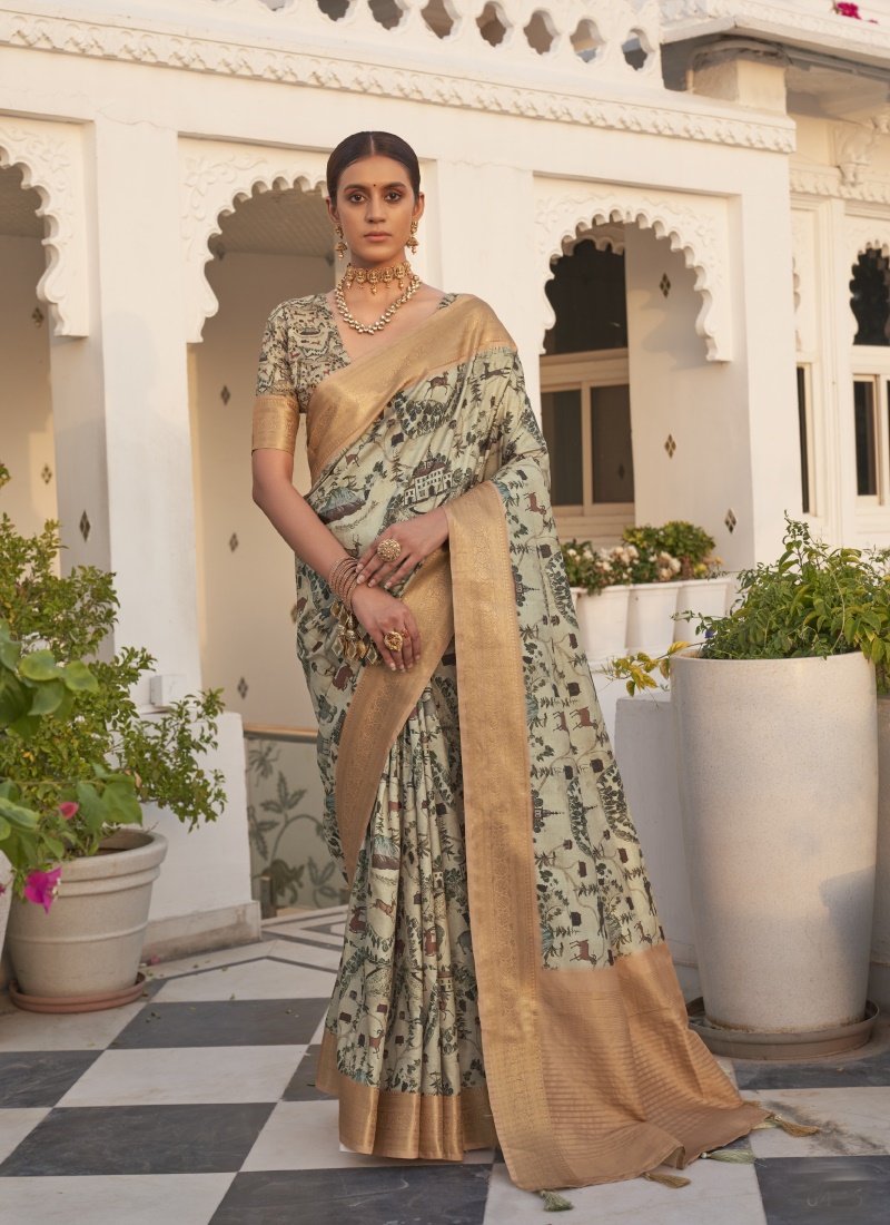 Light Green Silk Digital Printed Saree