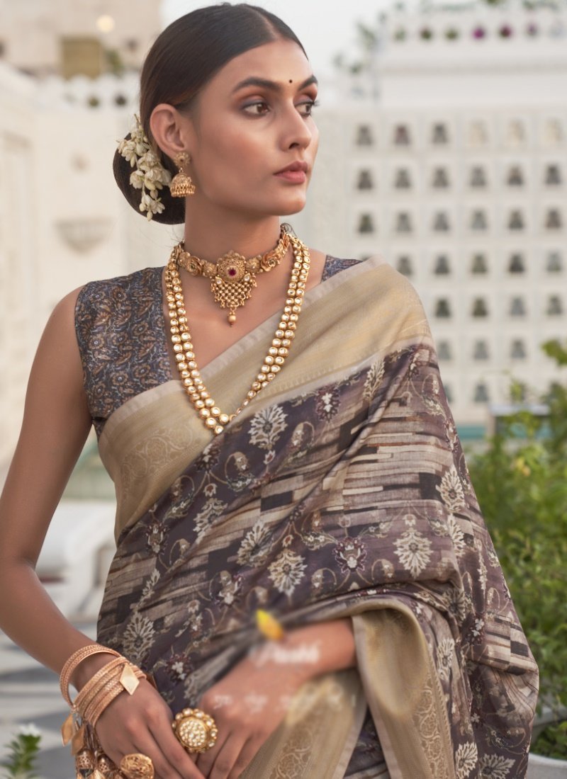 Gray Silk Digital Printed Saree-2