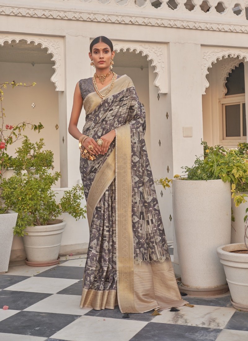 Gray Silk Digital Printed Saree