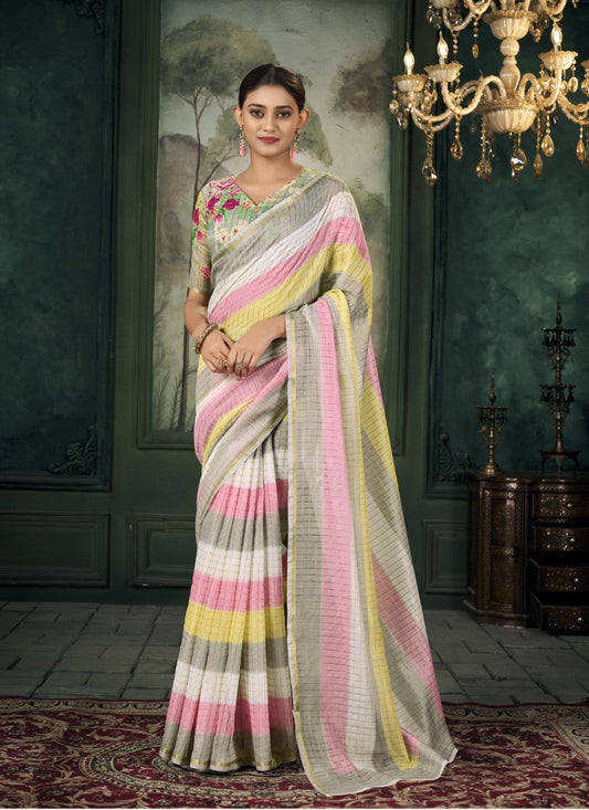 Multi Color Chanderi Linen Saree With Golden Border and Colorful Stripes