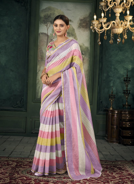 Multi Color Chanderi Linen Saree With Golden Border and Colorful Stripes