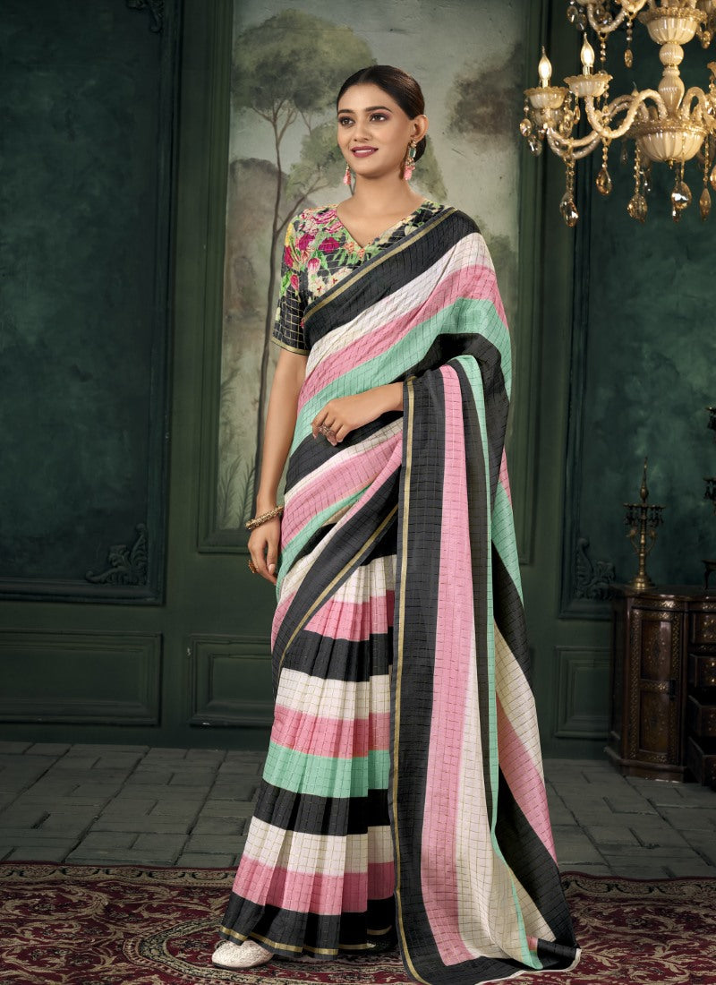 Multi Color Chanderi Linen Saree With Golden Border and Colorful Stripes