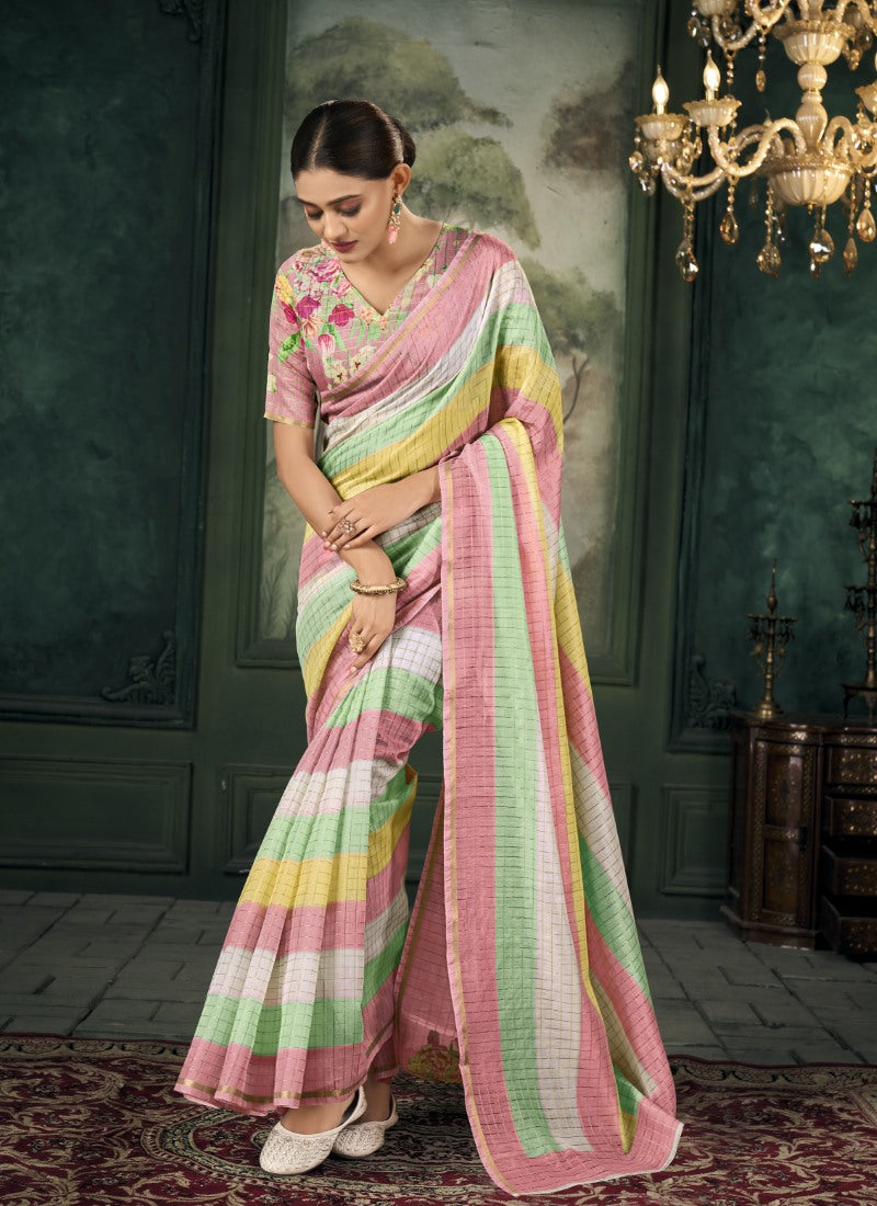 Multi Color Chanderi Linen Saree With Golden Border and Colorful Stripes