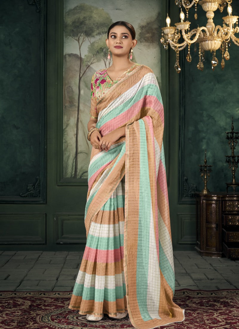 Multi Color Chanderi Linen Saree With Golden Border and Colorful Stripes