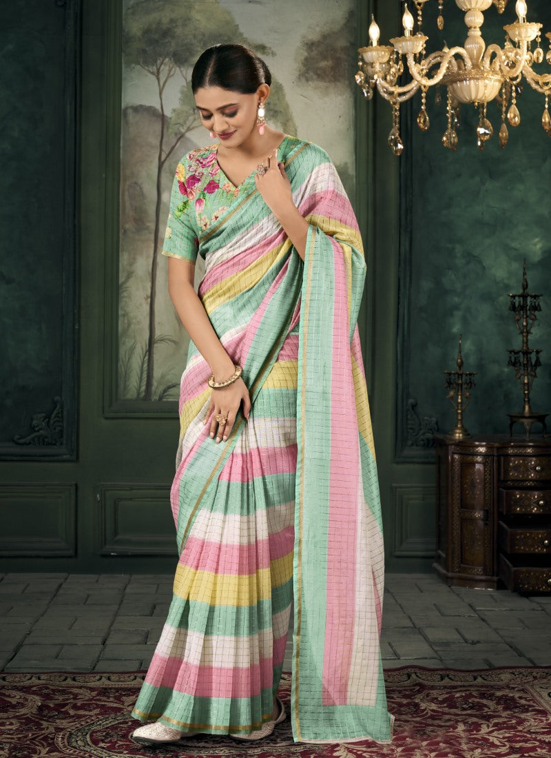 Multi Color Chanderi Linen Saree With Golden Border and Colorful Stripes