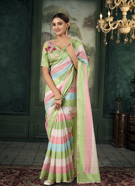 Multi Color Chanderi Linen Saree With Golden Border and Colorful Stripes