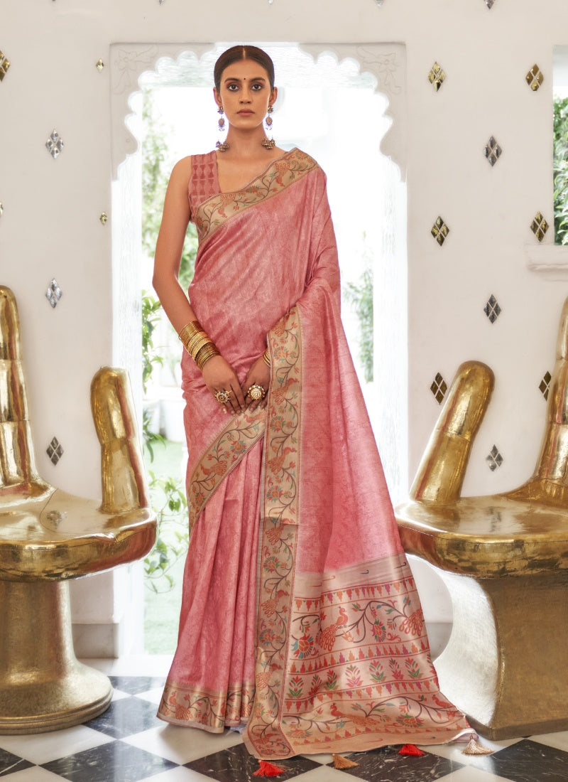 Peach Digital Print Saree With Heavy Border and Pallu