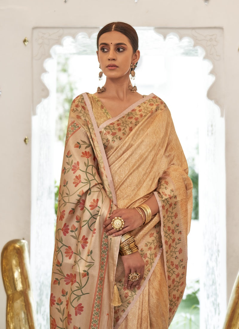 Beige Digital Print Saree With Heavy Border and Pallu-2