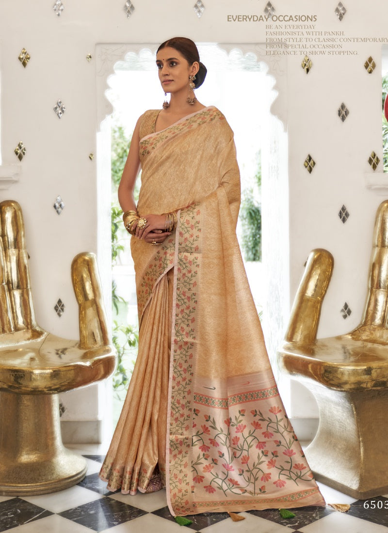 Beige Digital Print Saree With Heavy Border and Pallu