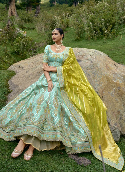 Aqua Silk Wedding Lehenga Choli With Heavy Embroidery and Gota Work-2