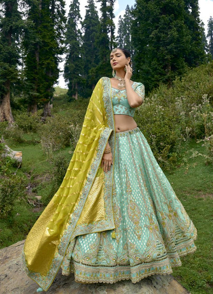 Aqua Silk Wedding Lehenga Choli With Heavy Embroidery and Gota Work