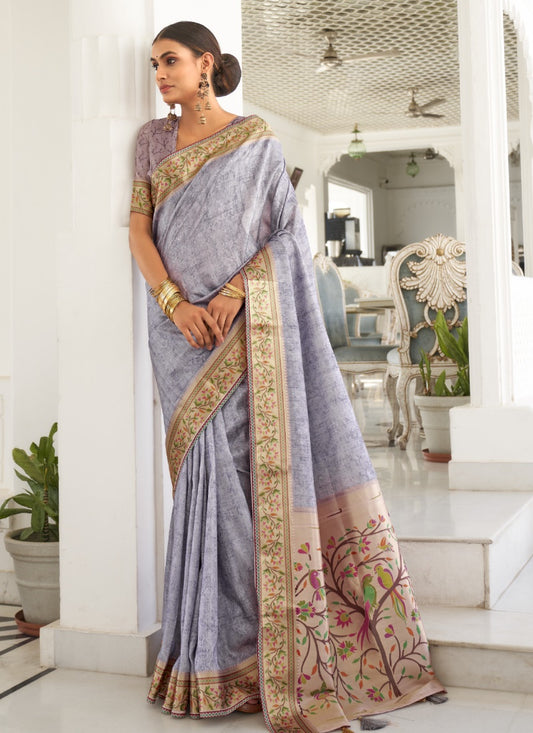 Light Blue Digital Print Saree With Heavy Border and Pallu