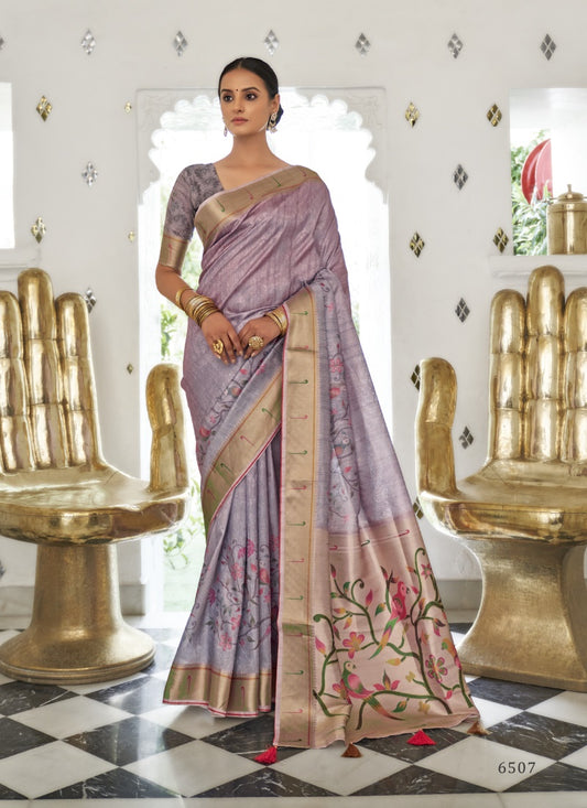 Purple Digital Print Saree With Heavy Border and Pallu