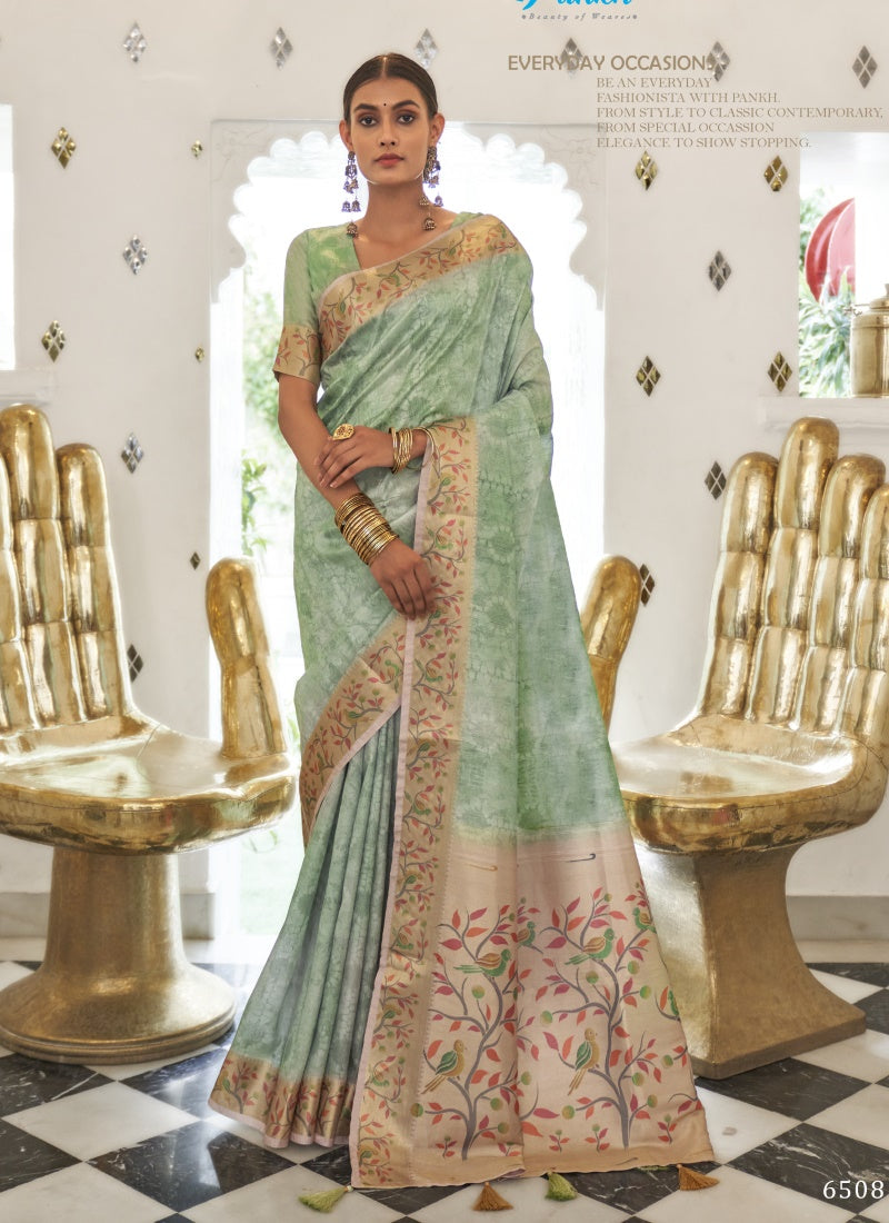 Sea Green Digital Print Saree With Heavy Border and Pallu