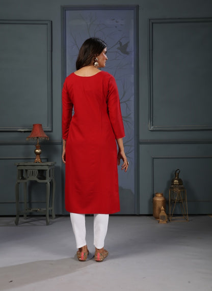 Red Cotton Pocket Kurti With Embroidery Work and Pent