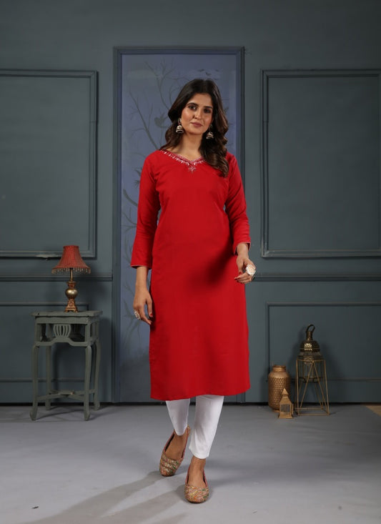 Red Cotton Pocket Kurti With Embroidery Work and Pent