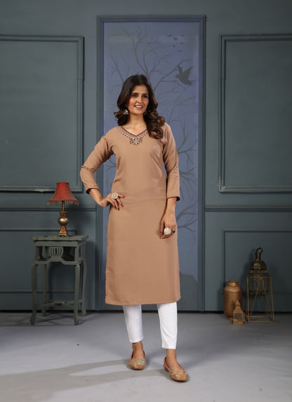 Brown Cotton Pocket Kurti With Embroidery Work and Pent